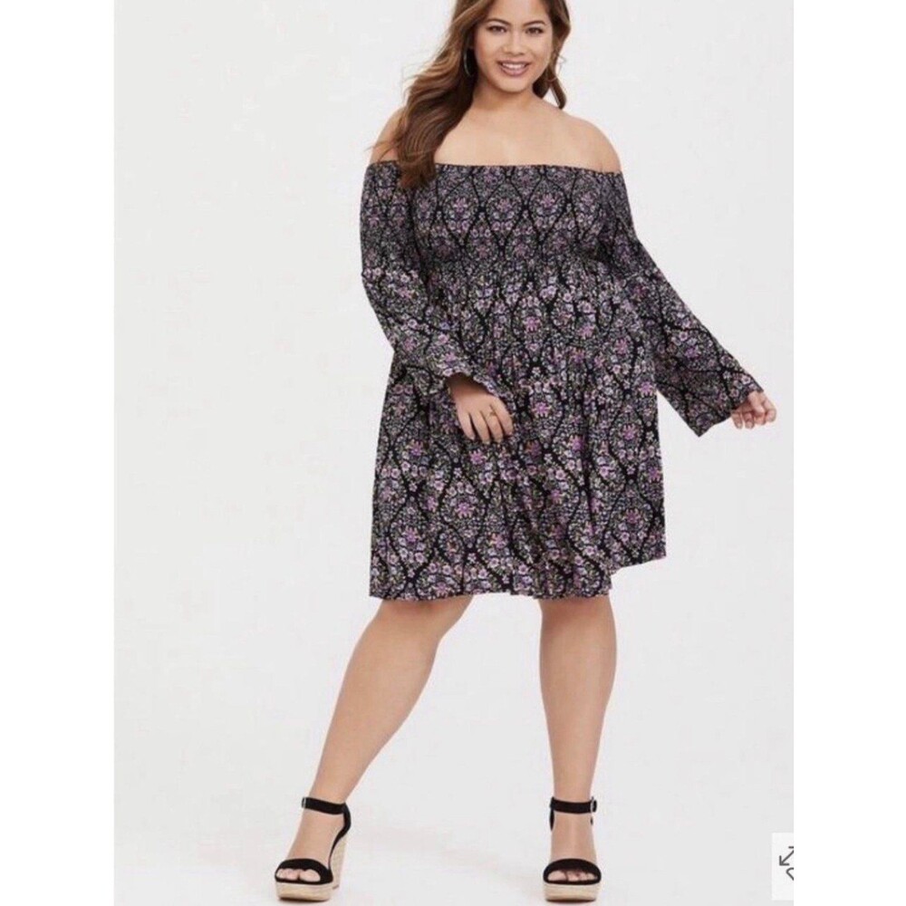 Torrid Challis Off-Shoulder black pink Floral Smocked Skater Dress 2 rayon boho